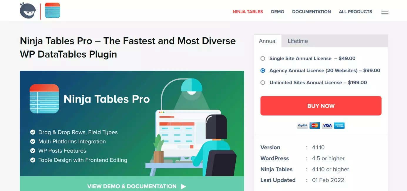 Image: Screenshot of the “Ninja Tables Pro” table plugin website