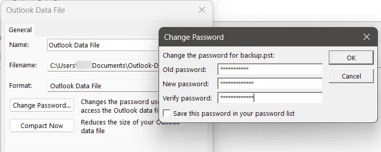 Image: Outlook Data File menu: Change Password