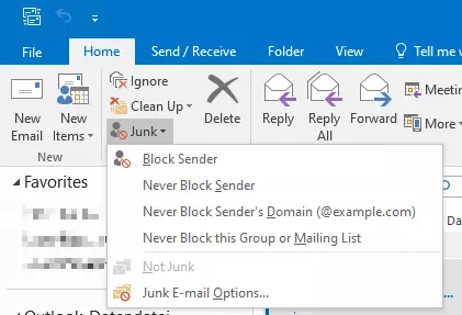 Image: “Junk” in Outlook menu