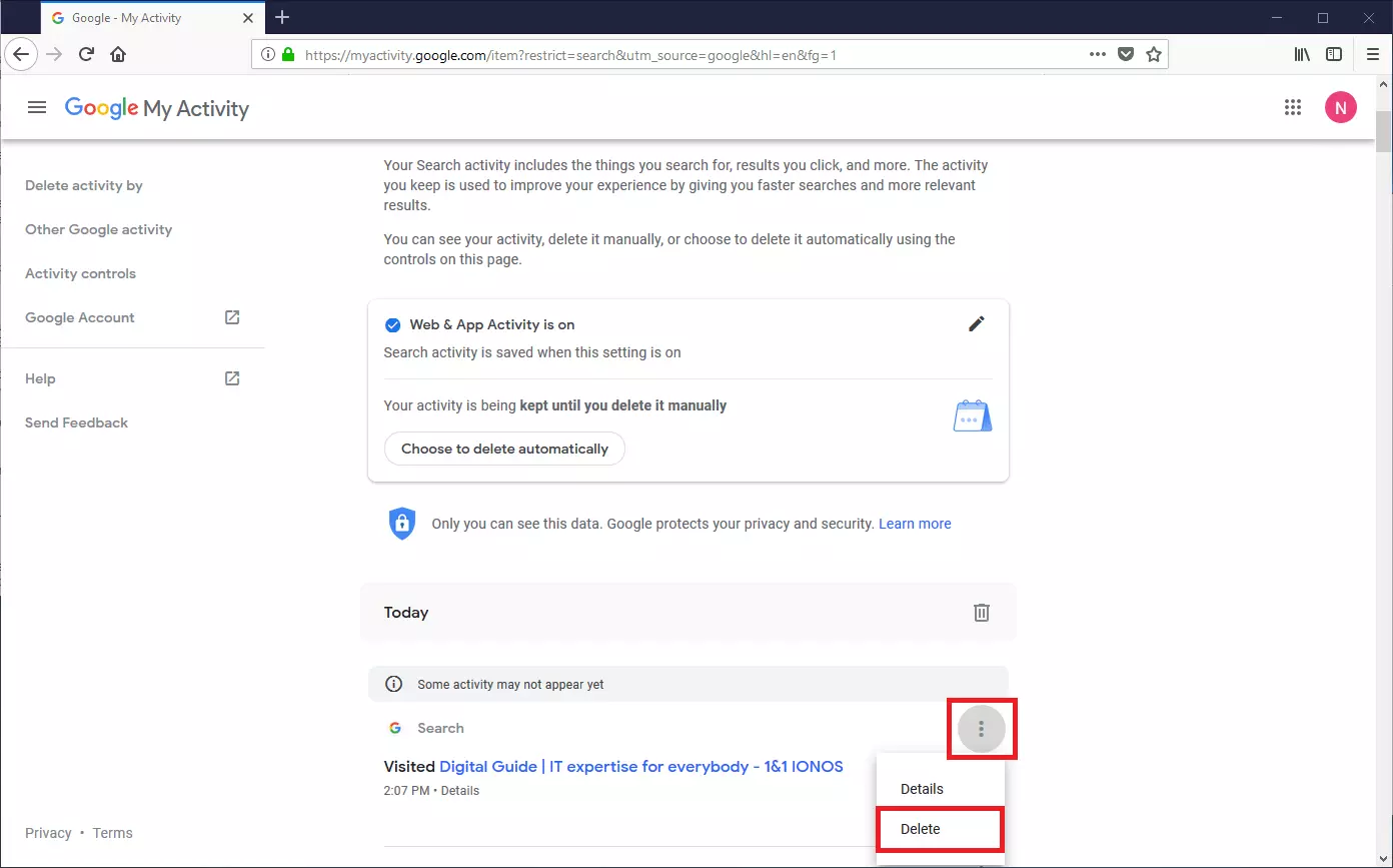 Image: Google history: manually delete records