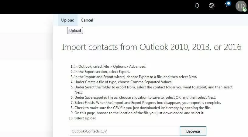Outlook on the web: upload the CSV file Outlook on the web: upload the CSV file