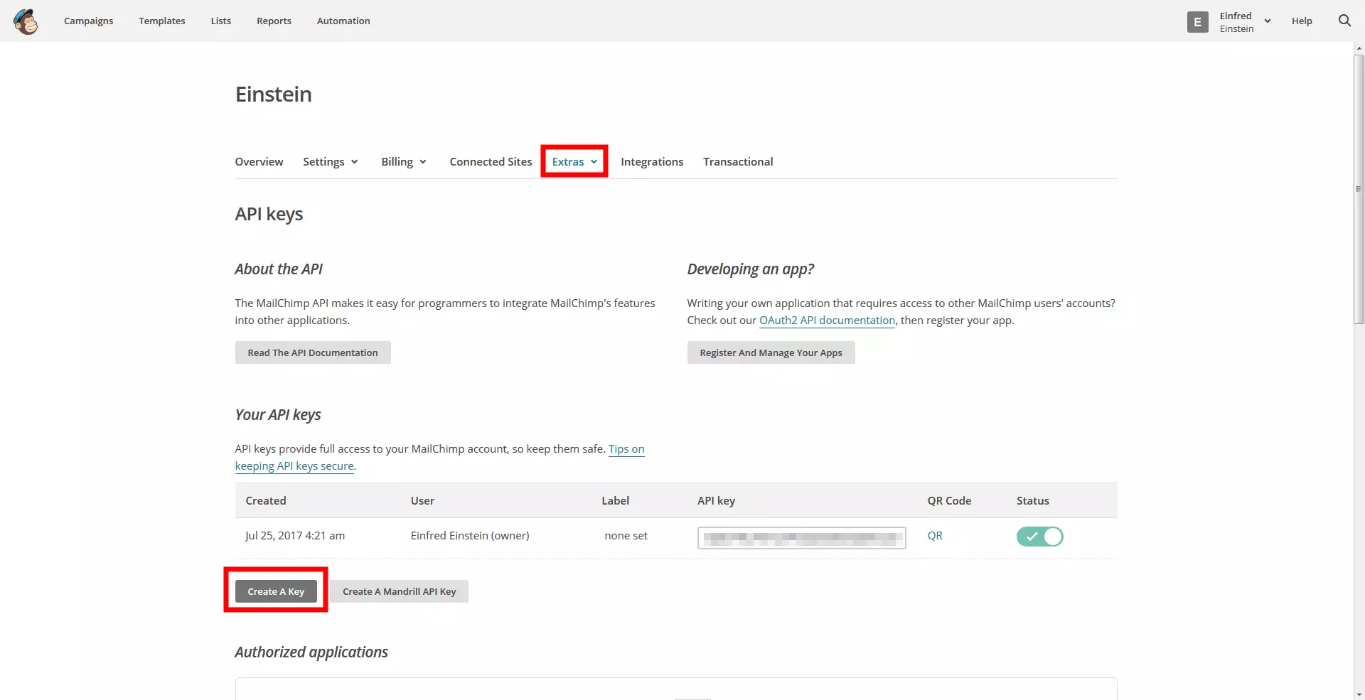 Image: Overview of the configuration options of API keys in MailChimp
