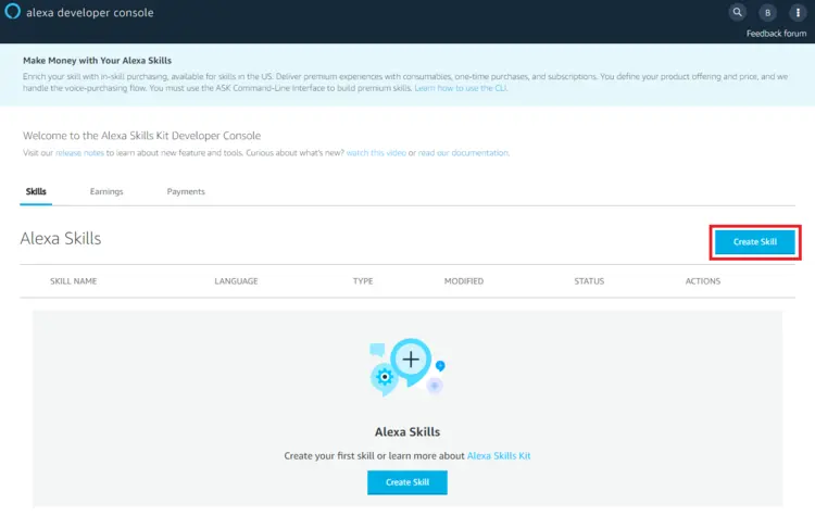 Alexa Developer Console homepage Alexa Developer Console homepage