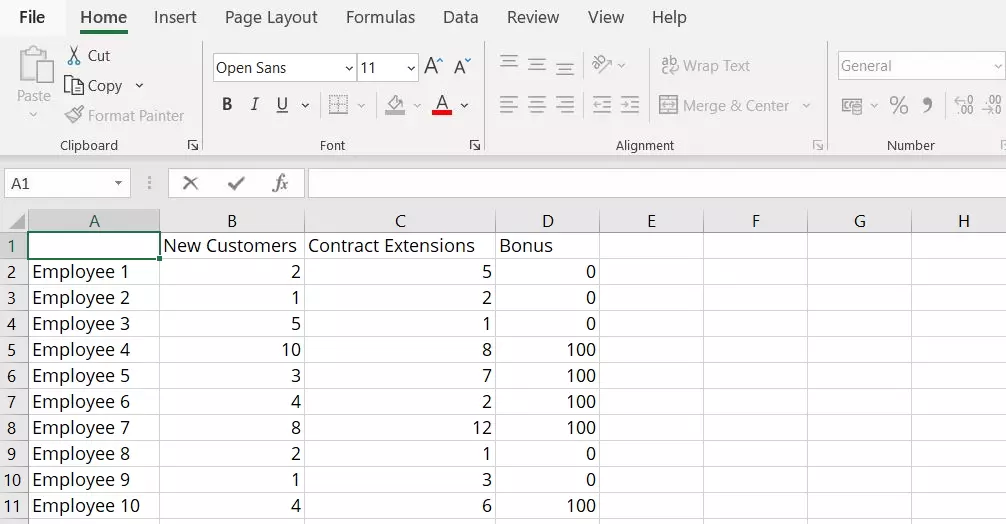 Image: Excel spreadsheet example with results