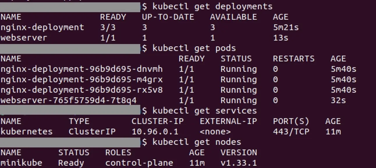 Image: Terminal with various Kubernetes commands and outputs