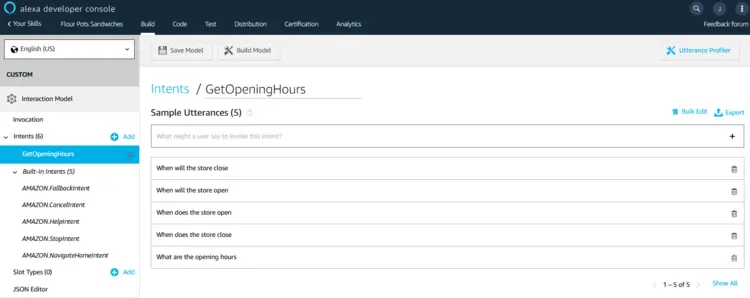 Alexa Developer console: definition of intents. Alexa Developer console: definition of intents.