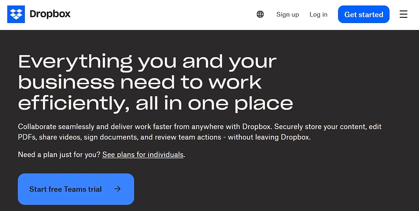 Screenshot of the Dropbox website Image: Screenshot of the Dropbox website