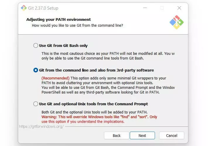 Image: Screenshot of PATH environment options during Git Bash installation