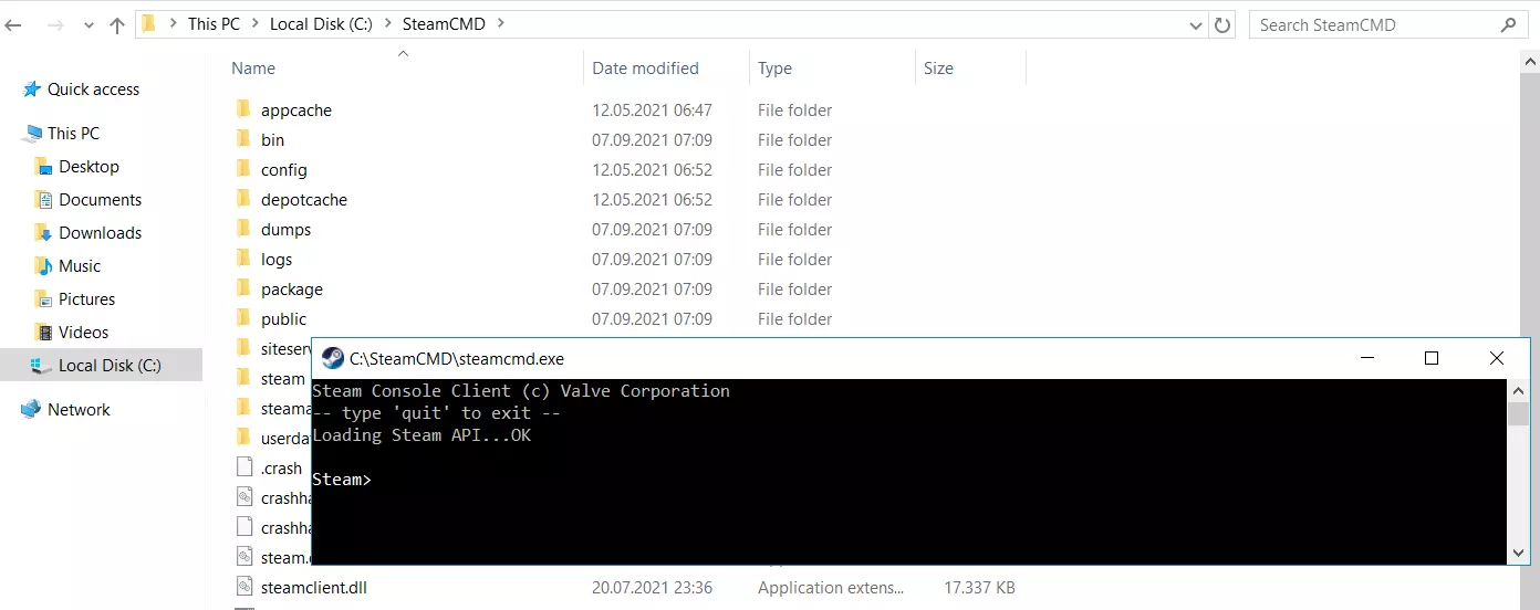 Image: Windows Command Prompt with SteamCMD running