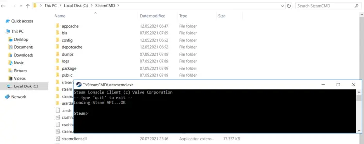 Windows Command Prompt with SteamCMD running Windows Command Prompt with SteamCMD running