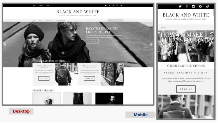 Mobile and desktop screenshots of the WordPress blog theme Black and White Mobile and desktop screenshots of the WordPress blog theme Black and White