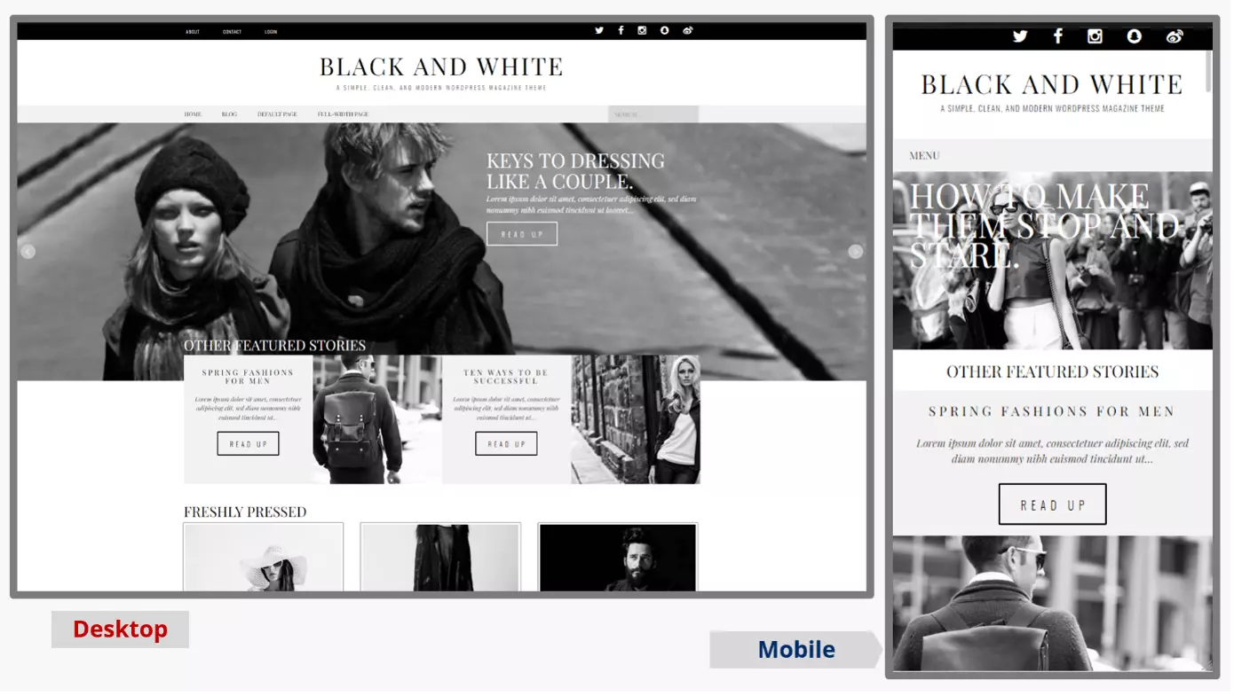 Image: Mobile and desktop screenshots of the WordPress blog theme Black and White