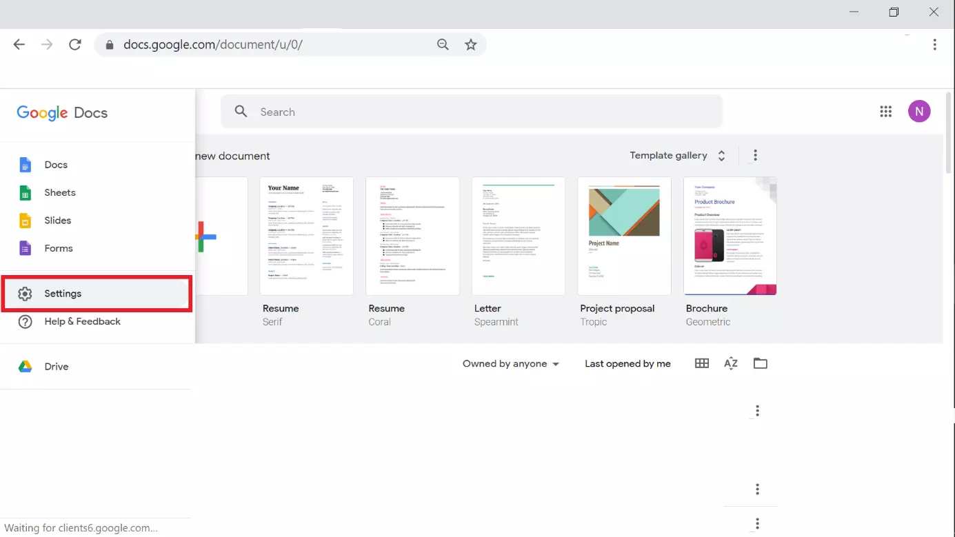 Image: Google Docs: the circled gear icon opens the Settings