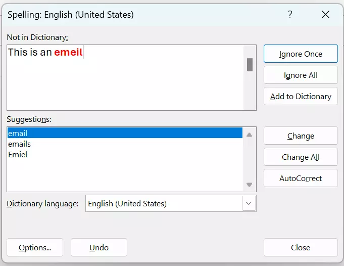 Notification from the automatic spell checker in Outlook Notification from the automatic spell checker in Outlook