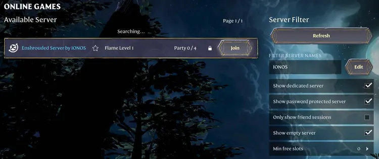 Enshrouded: Page showing the list of available servers Enshrouded: Page showing the list of available servers