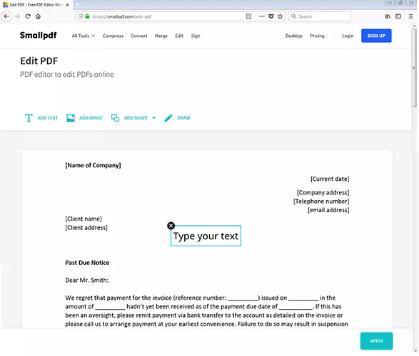 Image: Adding new text to a PDF with Smallpdf