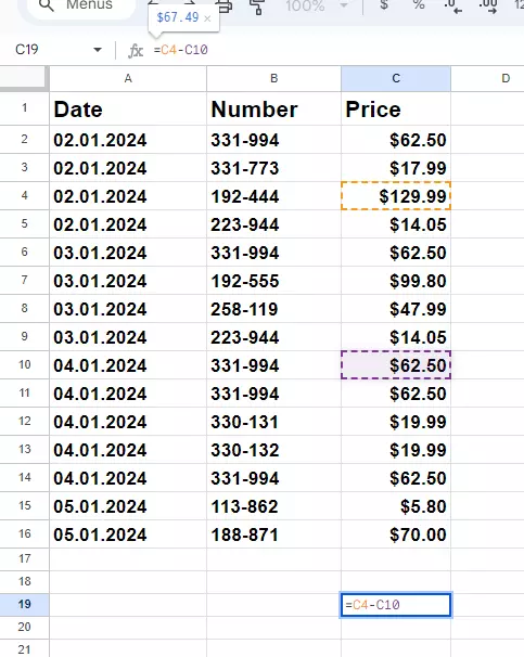 Screenshot of the formula for subtraction in Google Sheets Screenshot of the formula for subtraction in Google Sheets