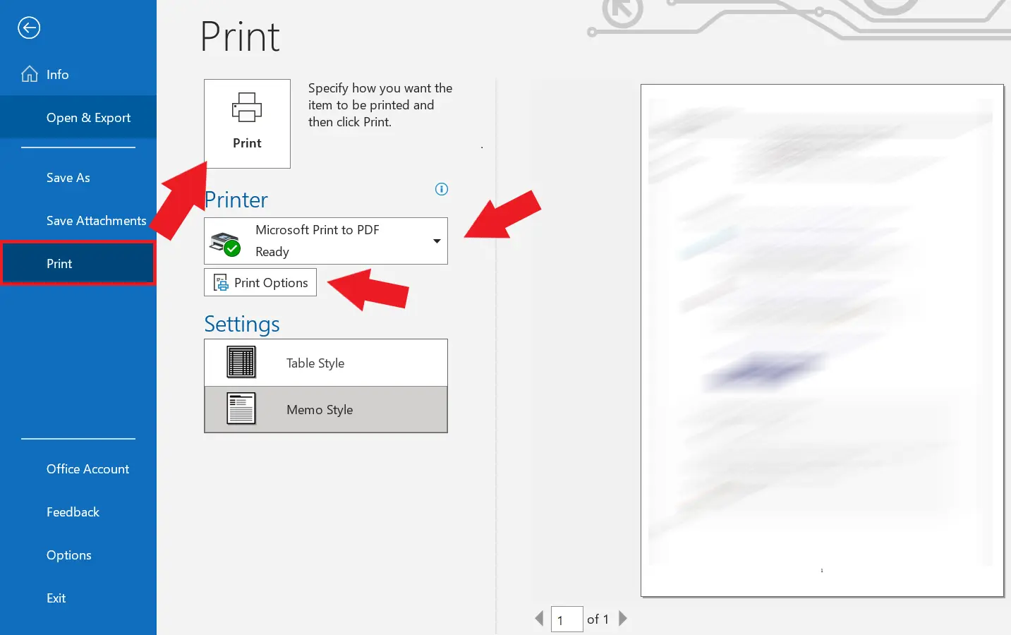 Image: Print window with the rectangular print field on the left side of the window. The email to be printed is displayed on the right