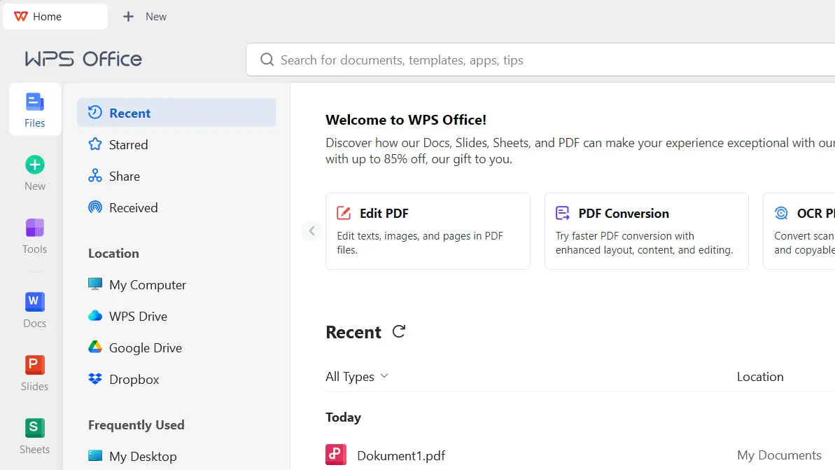 Image: Start menu of WPS Office