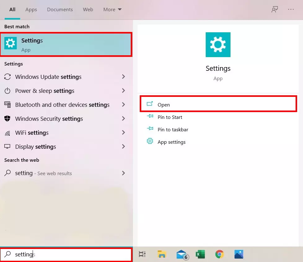Image: Windows 10: Opening the settings app