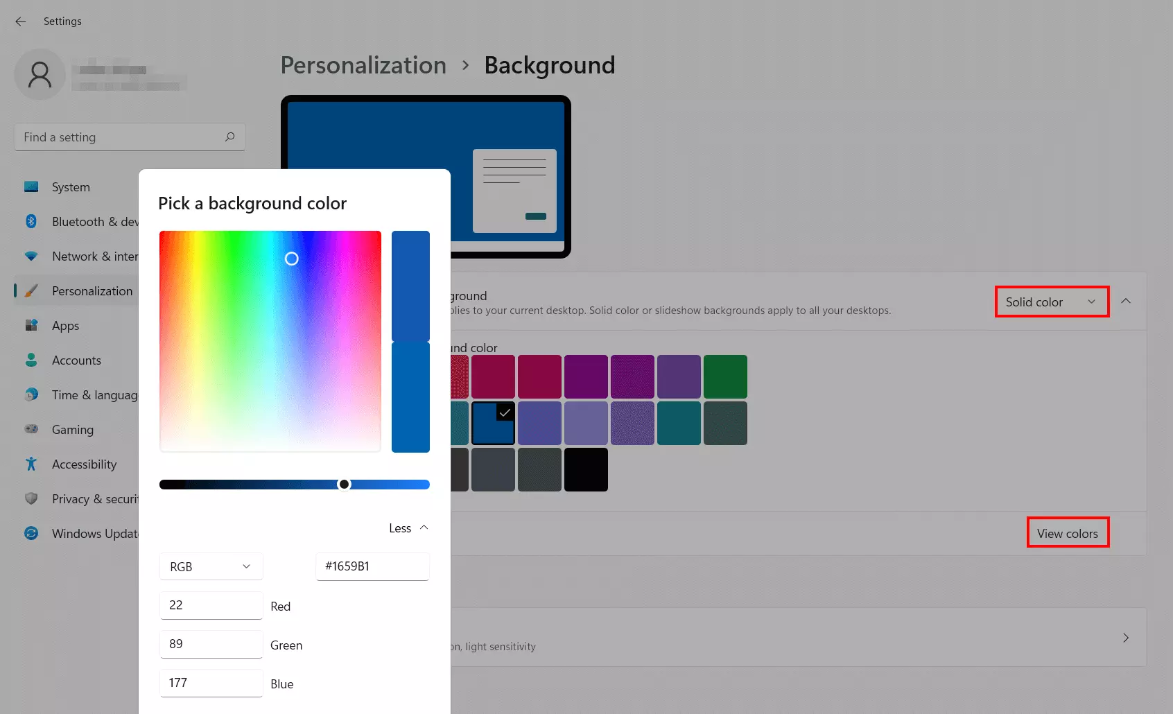 Image: Windows 11: select background color