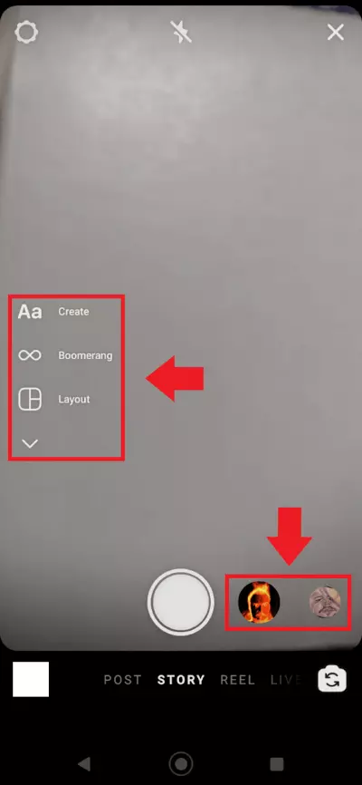 Screenshot showing where to find filters and additional features in Instagram