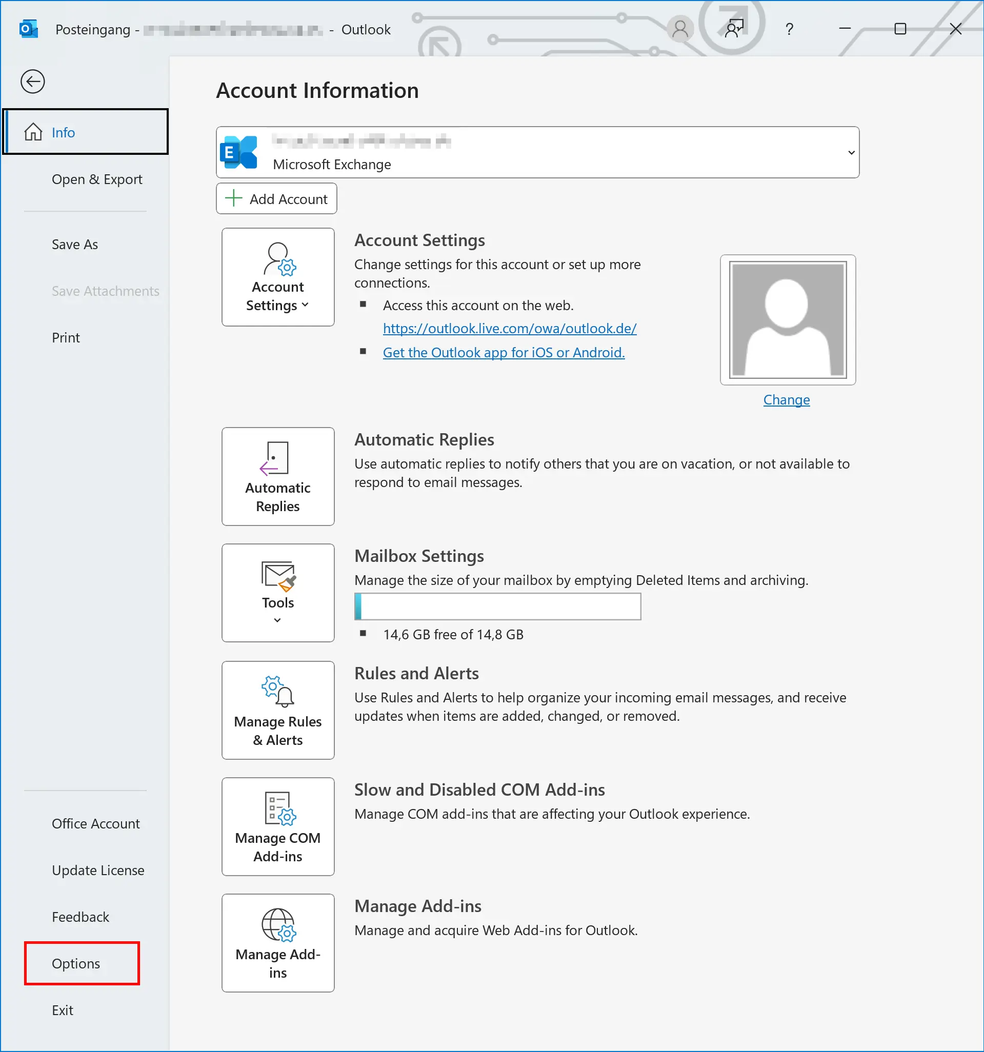 Outlook options in the File tab Image: Outlook options in the File tab
