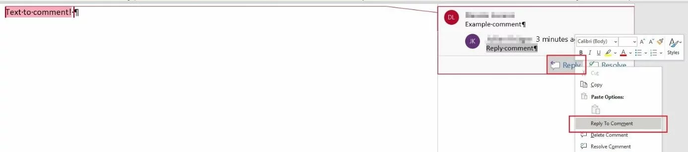 Word 2016: A comment with a reply