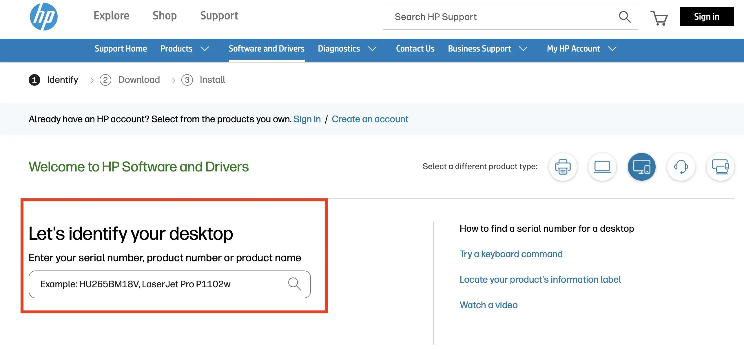 Image: HP website: Search for a product