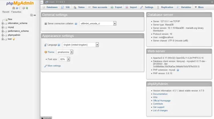 Admin interface of phpMyAdmin Admin interface of phpMyAdmin