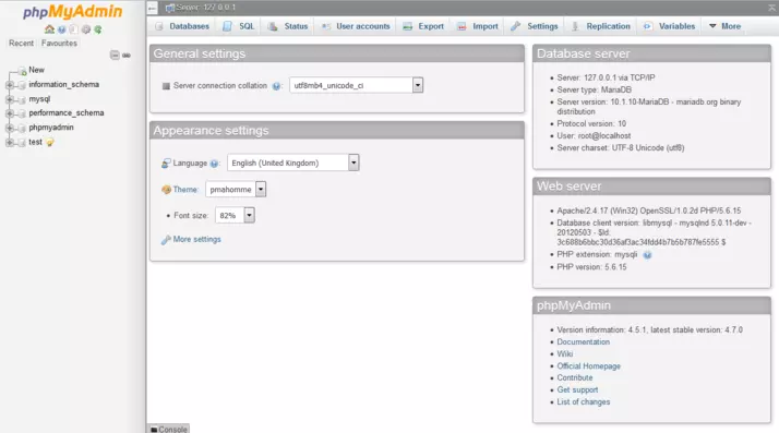 Admin interface of phpMyAdmin Admin interface of phpMyAdmin