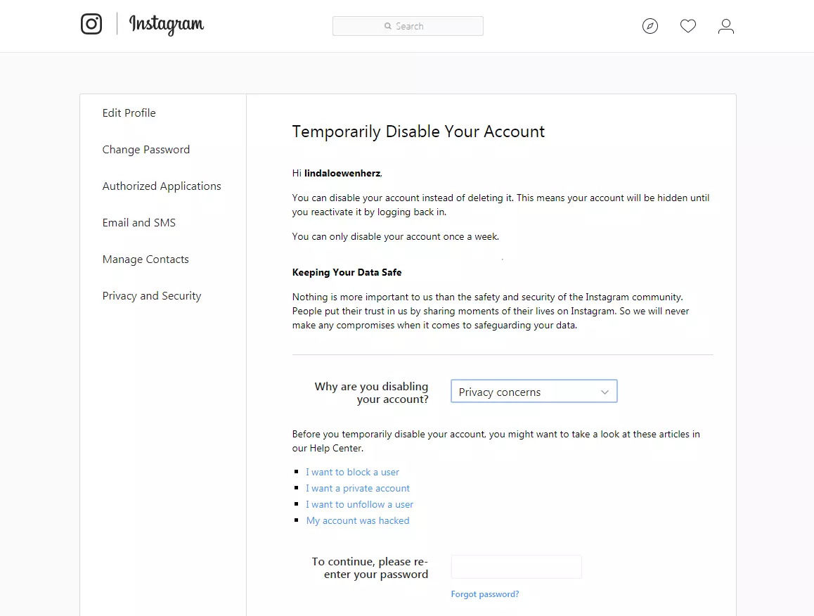 Menu within Instagram profile settings for temporarily disabling your account.