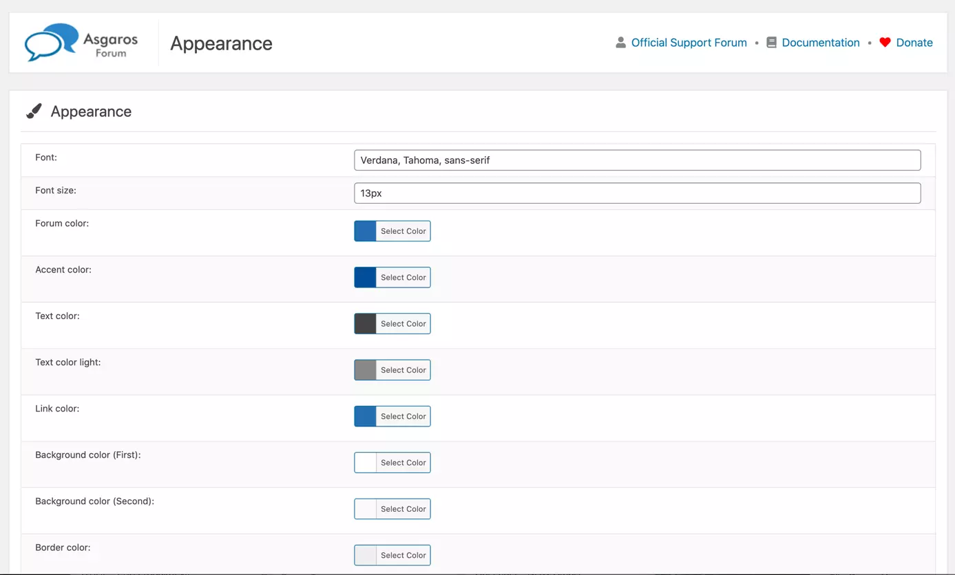 Image: Admin area settings for the design of Asgaros Forum