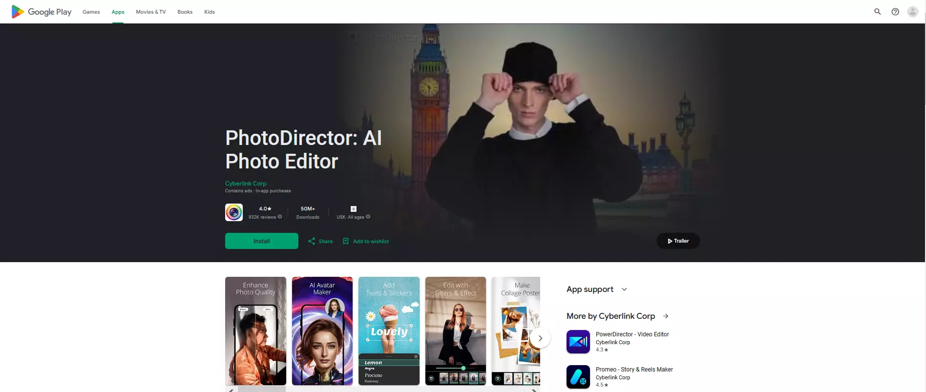 Screenshot of CyberLink PhotoDirector page on Google Play’s website Screenshot of CyberLink PhotoDirector page on Google Play’s website