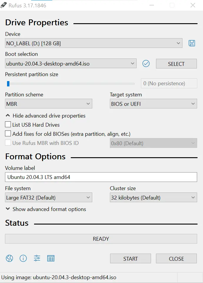 Interface of the Rufus software Interface of the Rufus software