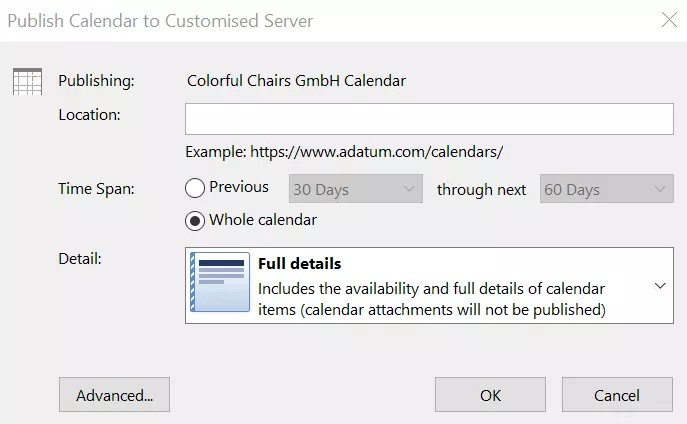 Outlook dialog window: “Publish Calendar to Customised Server” Outlook dialog window: “Publish Calendar to Customised Server”