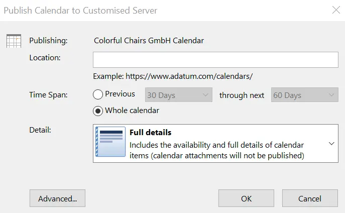 Outlook dialog window: “Publish Calendar to Customised Server” Image: Outlook dialog window: “Publish Calendar to Customised Server”
