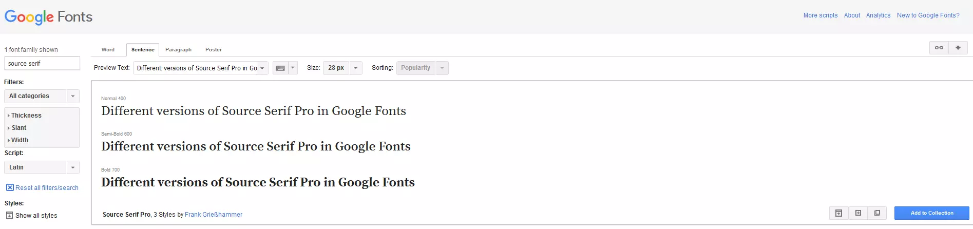 Image: Different versions of Source Serif Pro in Google Fonts