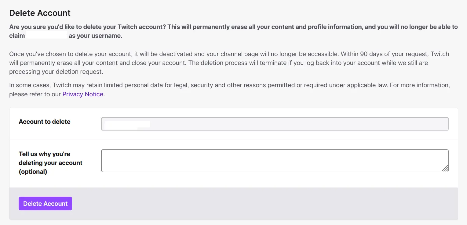 Dialog box for deleting your account on Twitch Image: Dialog box for deleting your account on Twitch