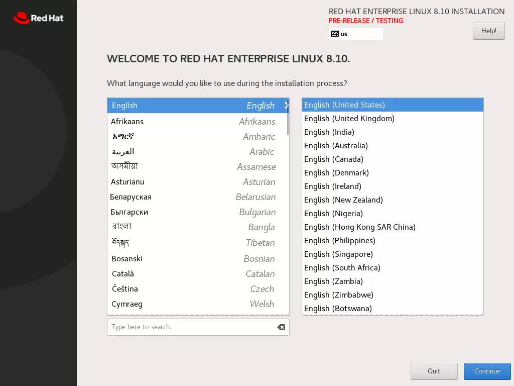 Image: Red Hat installation: Language selectionl