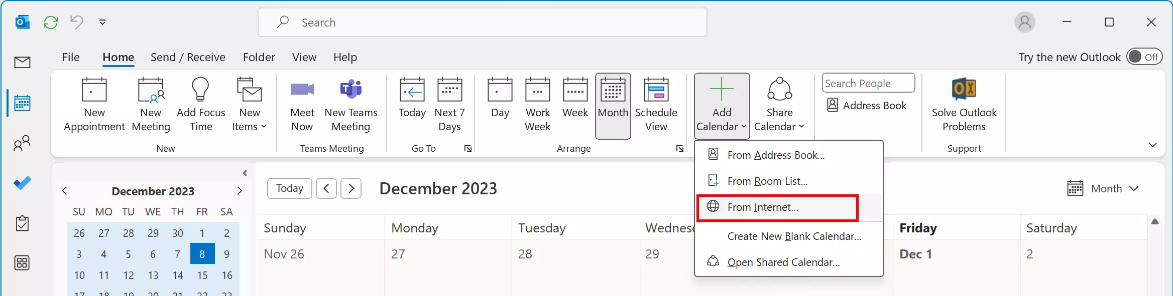 Image: Outlook: Add a calendar from the internet