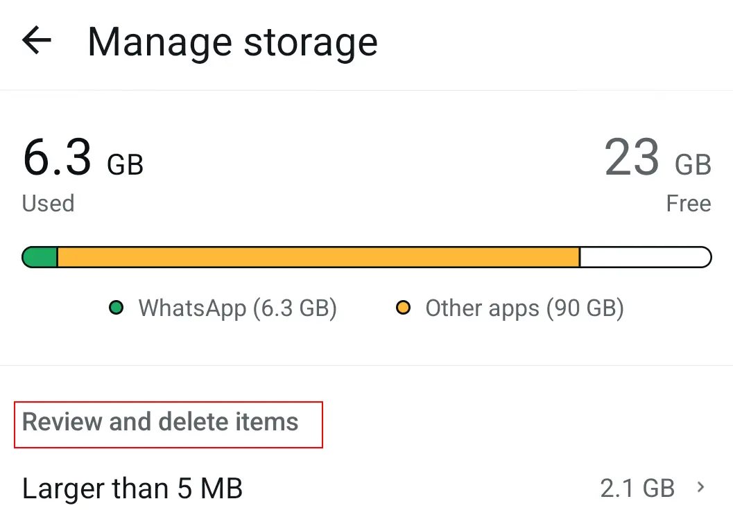 Image: Android screenshot of how to manage storage in WhatsApp