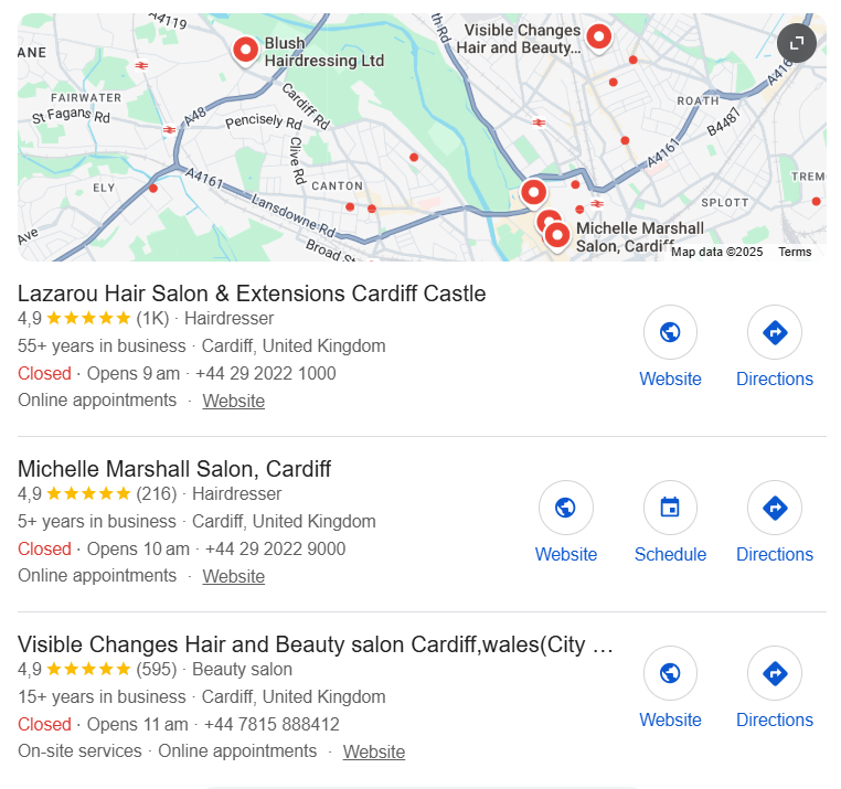 Local search result for ‘hair salon Cardiff’ Image: Local search result for ‘hair salon Cardiff’
