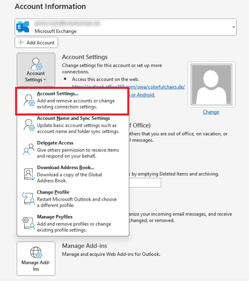 Outlook desktop app: Account information in the File tab Image: Outlook desktop app: Account information in the File tab