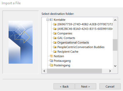 Import and Export Wizard in Outlook 365: Selecting the destination folder Image: Import and Export Wizard in Outlook 365: Selecting the destination folder