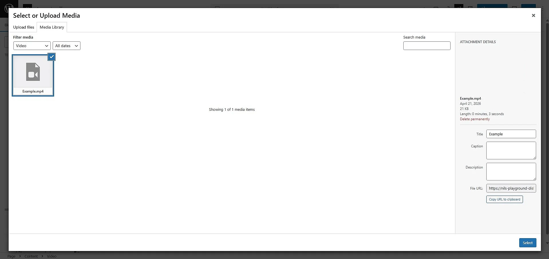 WordPress dialogue ‘Select or Upload Media’ Image: WordPress dialogue ‘Select or Upload Media’
