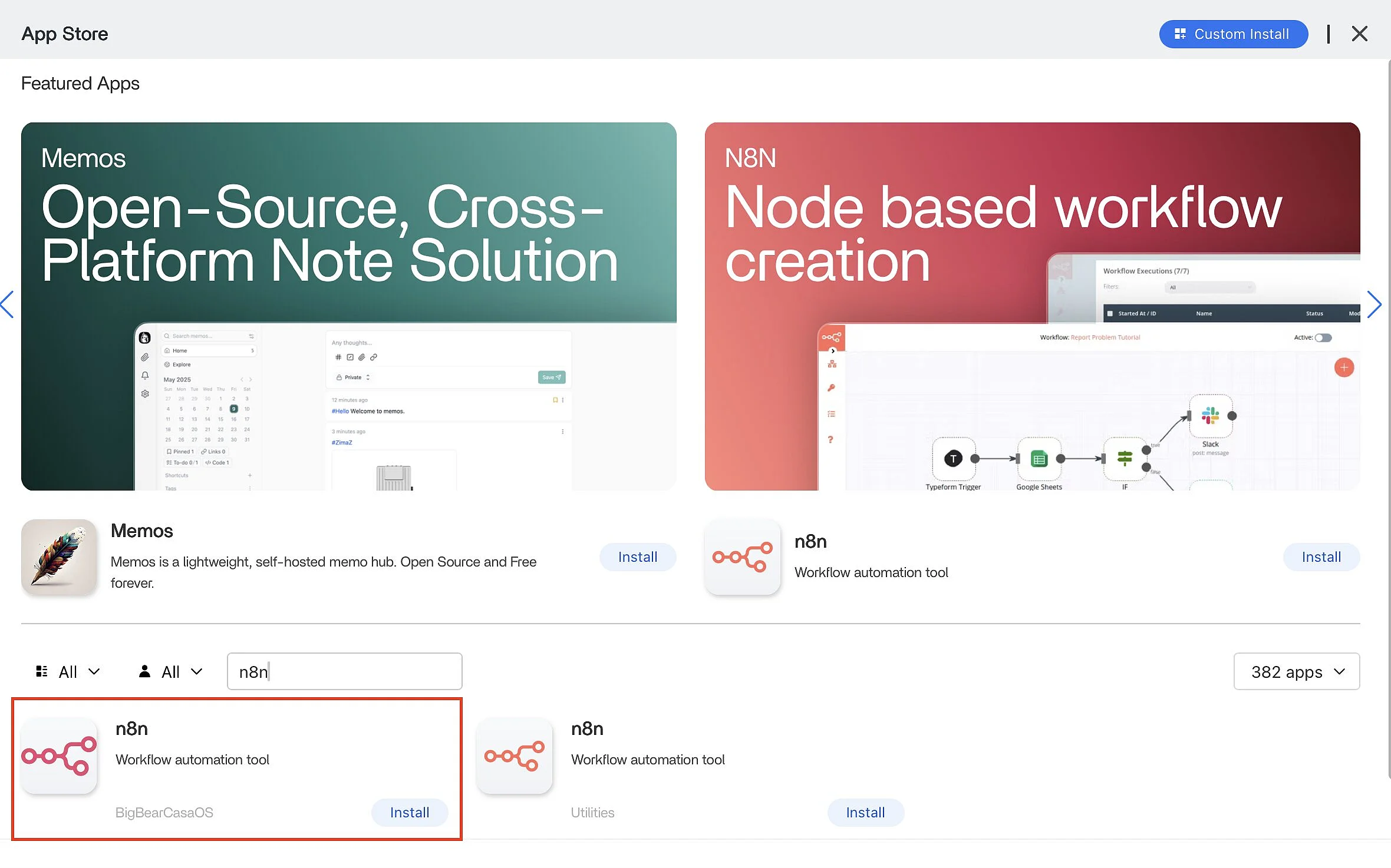 Image: Search for n8n in the CasaOS App Store