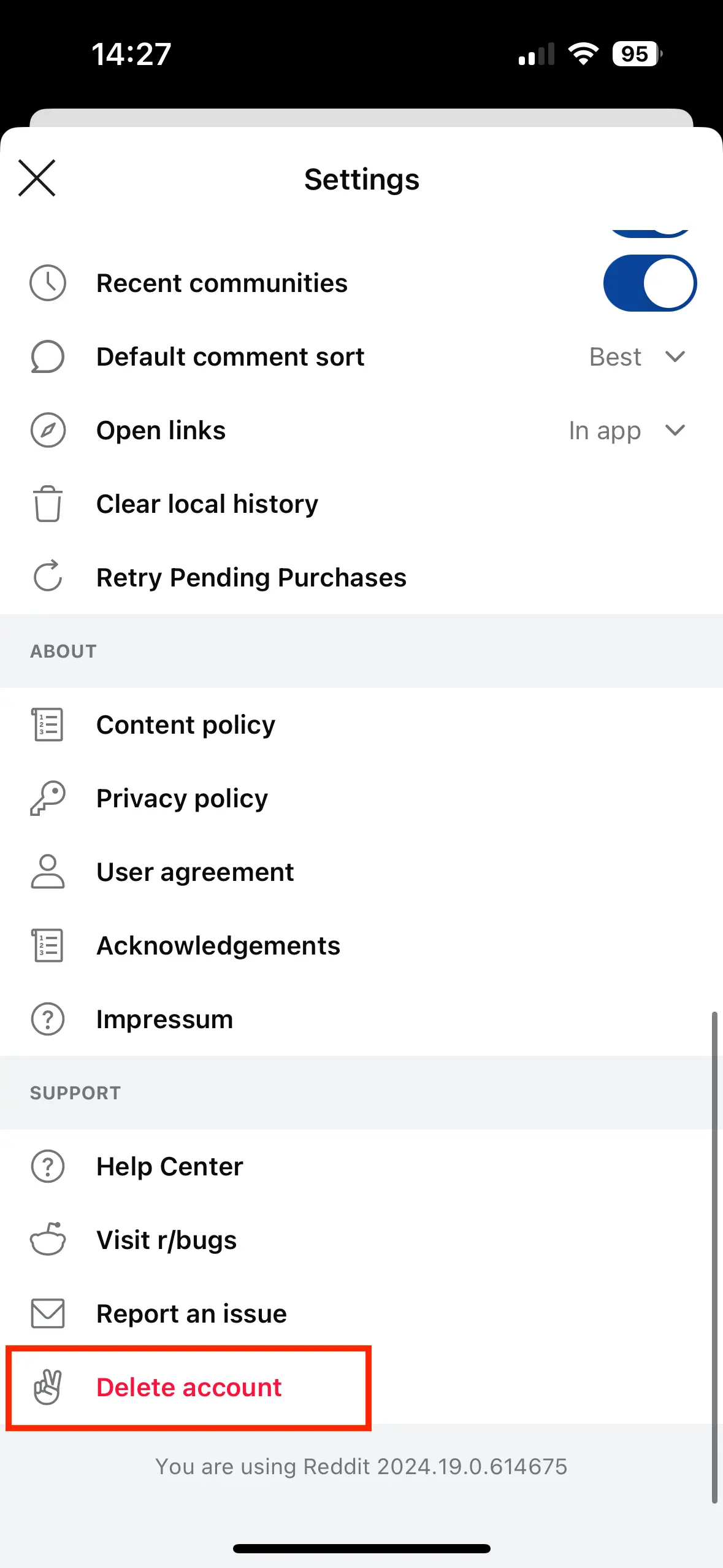 Image: Reddit: Delete account in the app