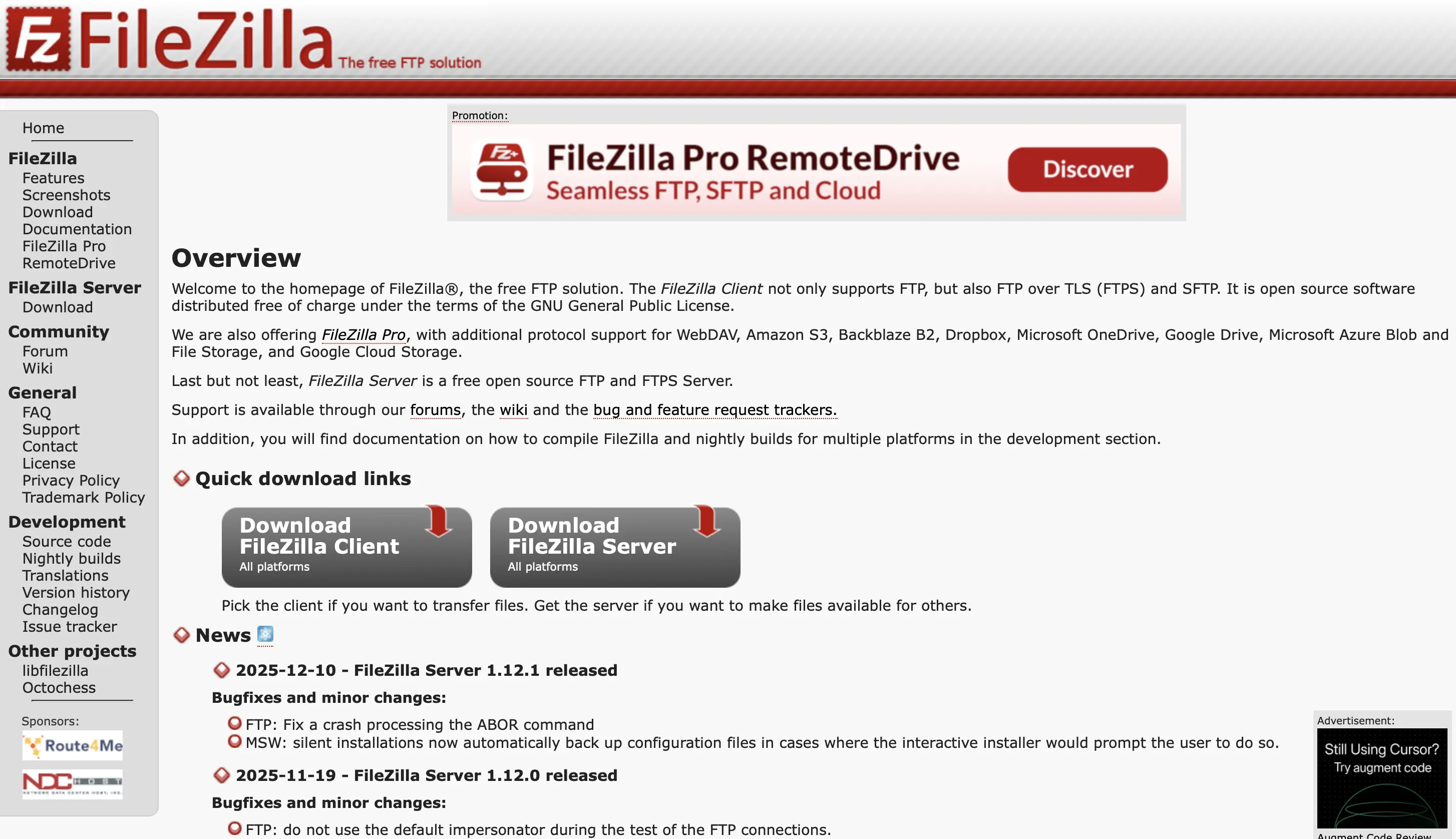 Image: Screenshot of the FileZilla website
