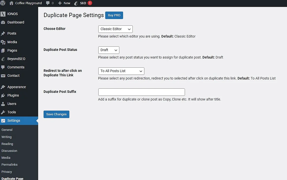 Configuration options for Duplicate Page Image: Configuration options for Duplicate Page